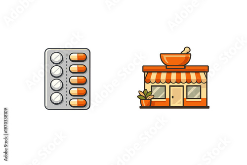 A vector illustration featuring a blister pack with round white pills