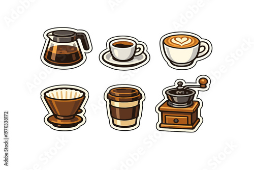 A collection of six coffee-themed stickers featuring a carafe