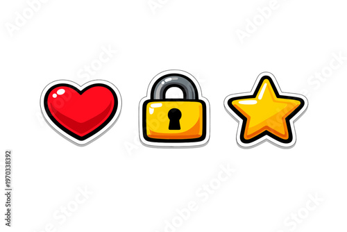 A set of three cartoon-style icons featuring a red glossy heart, a