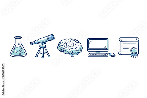 A set of five blue-toned line art icons representing science and