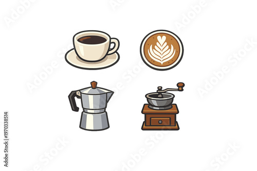 A collection of four coffee-related vector icons including a cup of