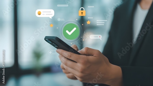 Businessperson Holding Smartphone With Security Verification Check Mark And Mobile Authentication UI