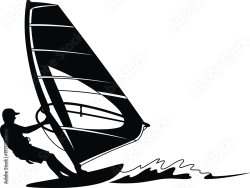 Windsurfing silhouette illustration, person gliding over waves holding triangular sail, dynamic water sport theme, vector art, black silhouette, isolated, bold striking design