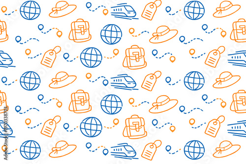 A seamless travel pattern featuring hand-drawn blue and orange icons