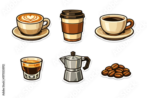A collection of six coffee-themed stickers including a latte with
