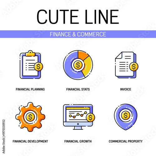 Finance and commerce related icon set contains elements of bank document, computer screen, map pin, gear with golden dollar and more. Flat filled outline style. Pixel perfect. Editable stroke