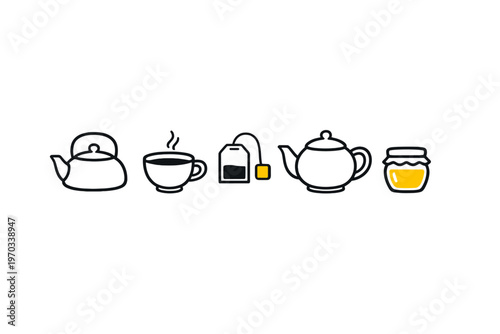 A set of minimalist line icons representing tea time, featuring a