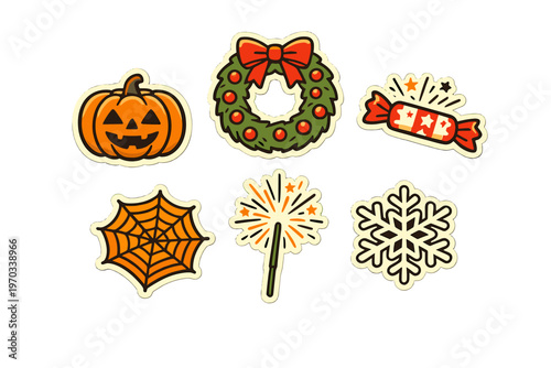 A collection of festive holiday stickers featuring a jack-o'-lantern