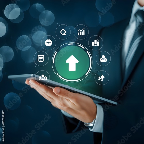 Business Growth And Digital Upload Concept Showing Upward Arrow On Tablet With Data Icons