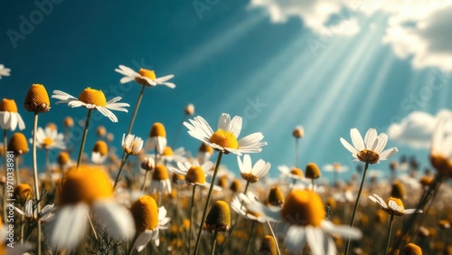 Sunny daisy field under blue sky with sunbeams.
