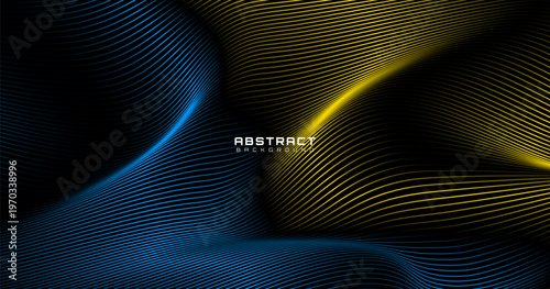 3D blue yellow lines techno abstract background on dark space with waves effect decoration. Modern graphic design element stripes style concept for web banner, art, flyer, card, or brochure cover