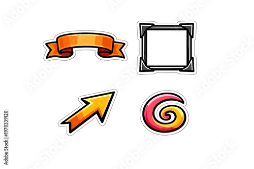 A collection of four colorful graphic design elements including an