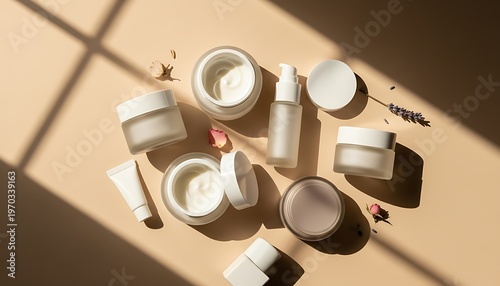 Overhead view of skincare products on a beige background with shadows with anti aging.