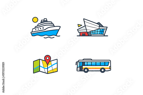 Set of four travel and transportation icons featuring a cruise ship