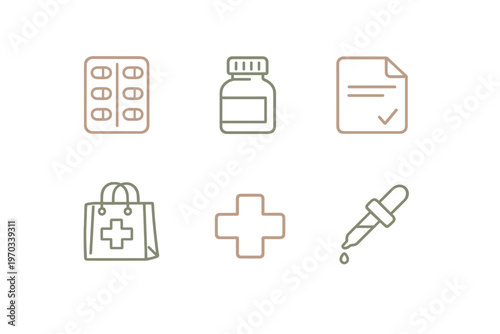 A collection of six minimalist medical and pharmaceutical line icons
