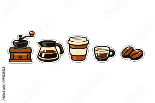 A collection of five coffee-themed stickers featuring a manual