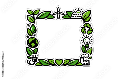 A square frame illustration featuring eco-friendly icons like leaves