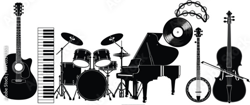 Musical Instruments and Audio Equipment Icons Set with Guitar, Piano, Drums, Violin, Vinyl, Keyboard, and Banjo for Performance, Music Production, and Recording