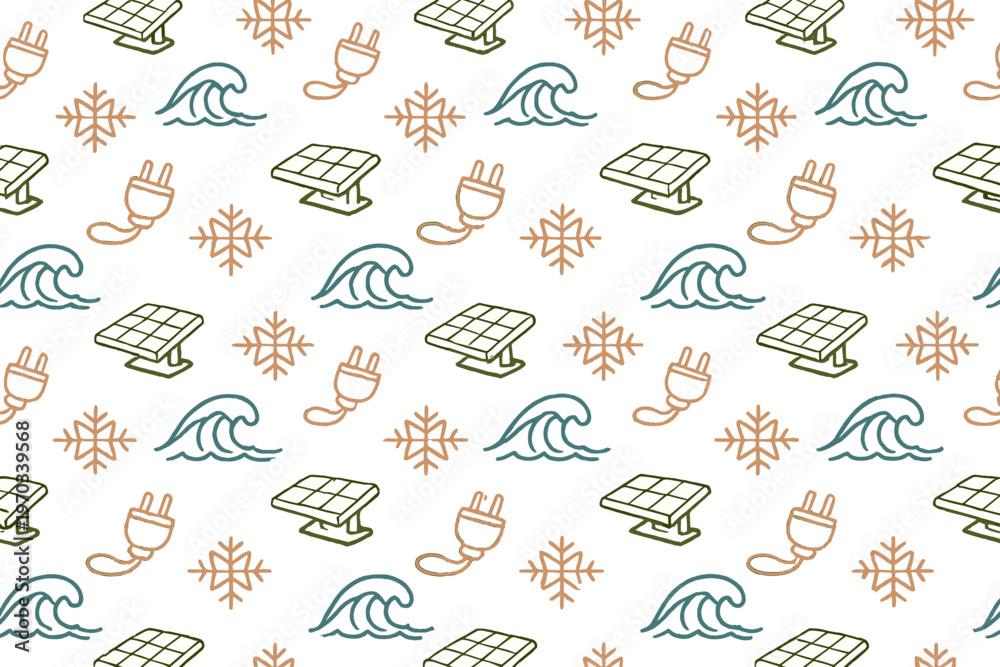 Obraz premium A seamless pattern featuring hand-drawn icons of solar panels, ocean