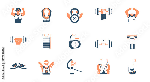 Fitness equipment icons set isolated on white background for exercise