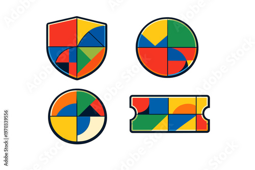 A set of four geometric abstract icons featuring a shield, circles