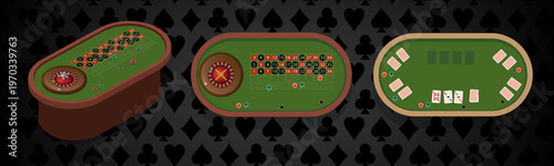 A luxury casino table featuring a top view, roulette wheel, poker cards and blackjack chips.
