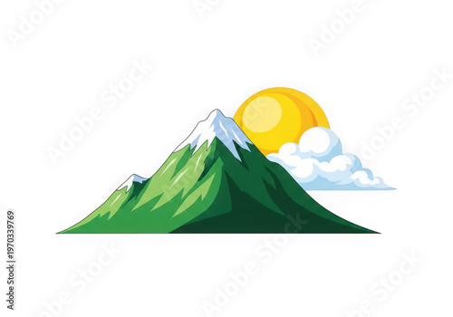 A vibrant pixel art illustration of a snow capped green mountain peak under a bright yellow sun isolated on transparent background