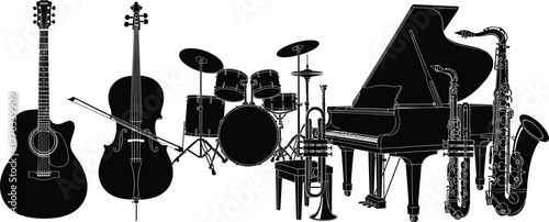 Musical Instruments Icons Set with Guitar, Piano, Violin, Drums, Saxophone, Trumpet, and Trombone for Performance, Music Education, and Orchestra Themes