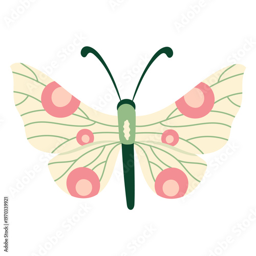 Hand drawn decorative butterfly in soft cream and pink tones Cute stylized wings with simple shapes and clean lines Vector illustration for kids design, fabric prints, stickers, packaging and branding