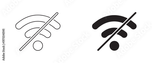 Wifi signal troubleshooting icons, crossed out internet symbols, disconnected wireless status indicators, offline mode graphics, mobile app developer UI set