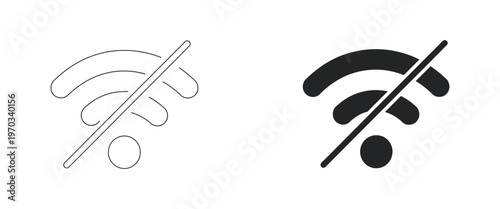 Wifi signal troubleshooting icons, crossed out internet symbols, disconnected wireless status indicators, offline mode graphics, mobile app developer UI set