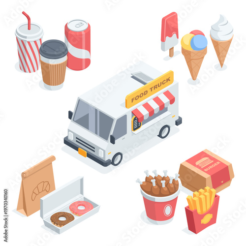 Isometric vector food truck and fast food with drinks and ice cream, in color on a white background, a set of images for design and infographics