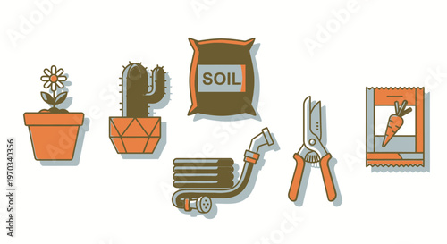 Gardening tools and plants illustration with copy space and white background