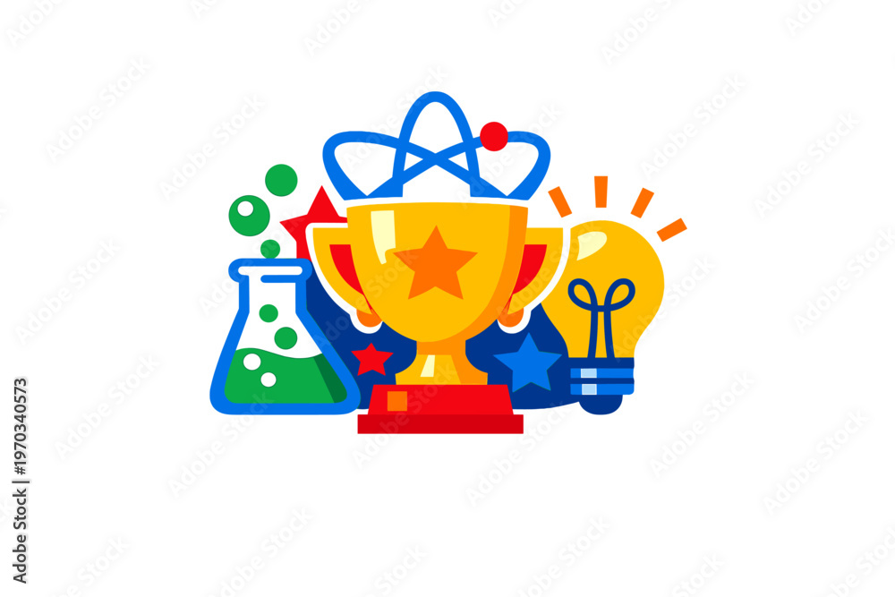 Fototapeta premium Vibrant flat illustration of a golden trophy with a star, surrounded