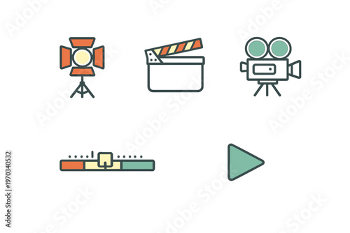 A collection of film production icons featuring a studio light