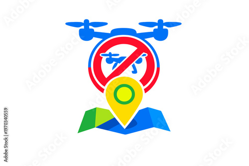 Illustration of a no drone zone featuring a blue drone icon, a red