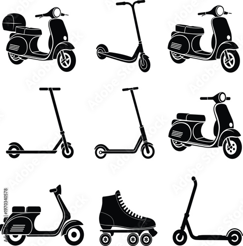 Black and white of bicycles and tricycles with riders line simple flat color de