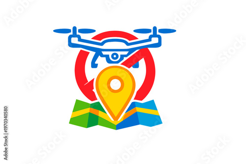 A colorful illustration features a blue drone flying over a red