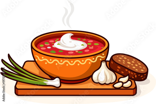Borscht soup in decorative bowl with sour cream, green onion, garlic and bread on cutting board, traditional Ukrainian cuisine, flat vector style, simple shapes and clean lines