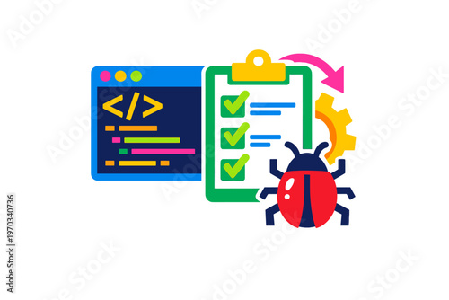 A flat vector illustration representing software testing and