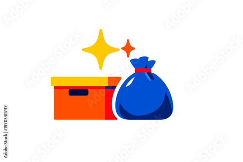 A flat vector illustration featuring a blue trash bag and an orange