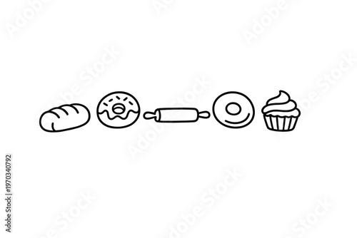 A row of hand-drawn bakery icons including a loaf of bread, a