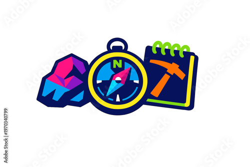 A vibrant flat vector illustration featuring a colorful mineral rock