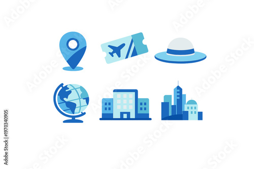 A set of six travel and tourism icons featuring a map pin, flight