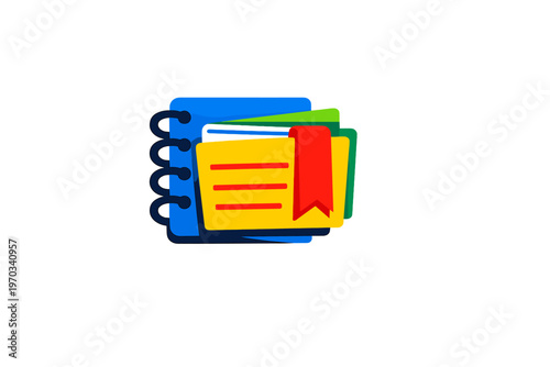 Colorful 3D-style illustration of a blue spiral notebook containing a