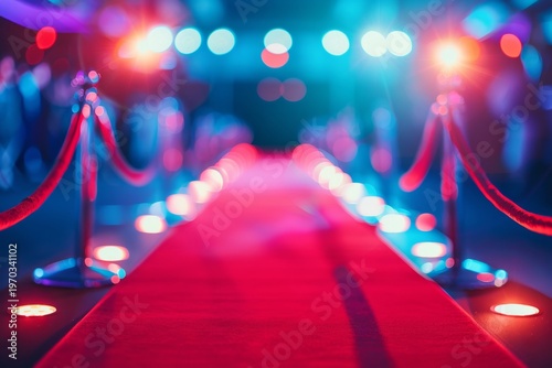 A vibrant red carpet scene shines under colorful lights. The festive atmosphere invites guests as they prepare for an exciting event. Perfect for celebrations and glamour. AI