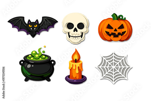 A collection of six Halloween icons including a bat, skull