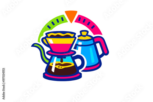 Colorful vector illustration of a pour-over coffee set including a