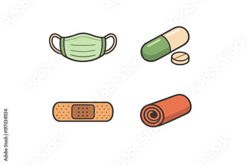 A collection of four medical icons featuring a green surgical face