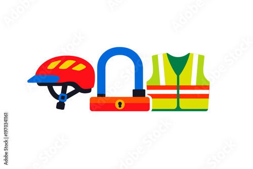 A flat illustration featuring a red bicycle helmet, a blue and red
